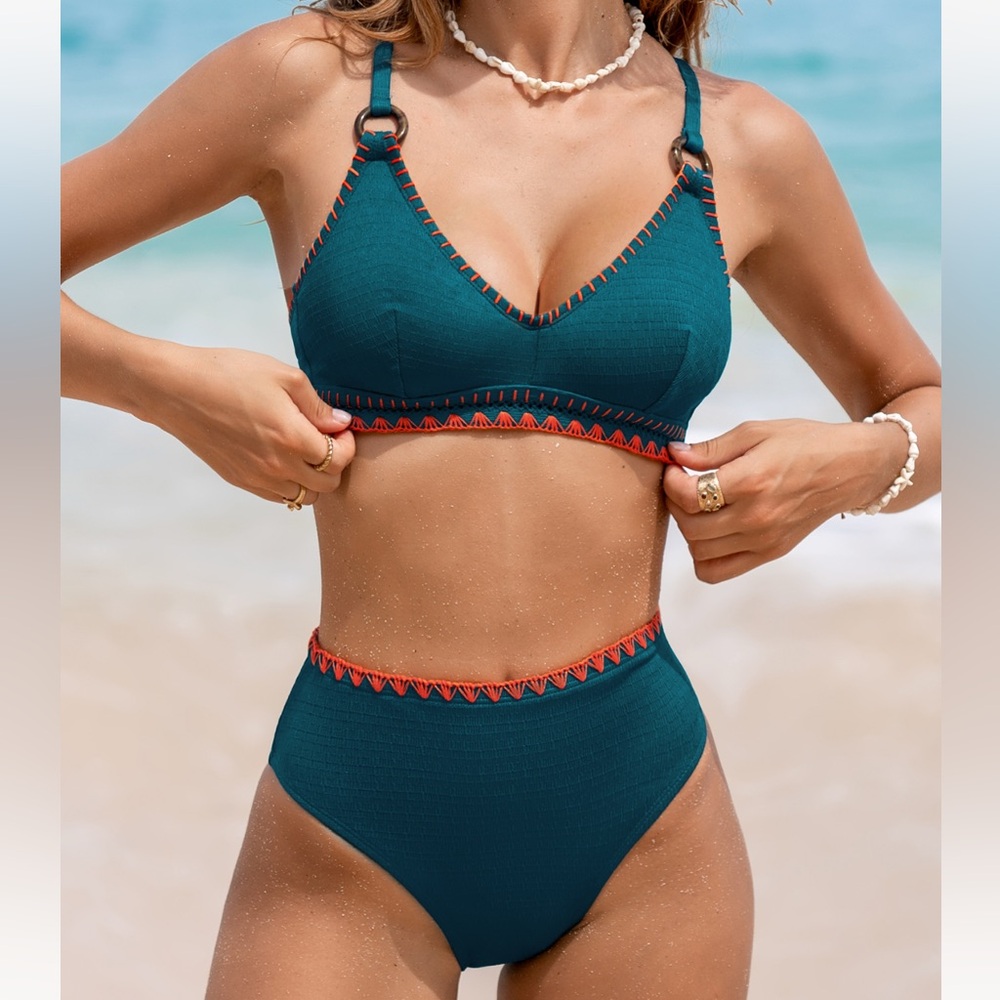Cupshe Blue and Orange Bikini Set with High-Waisted Design